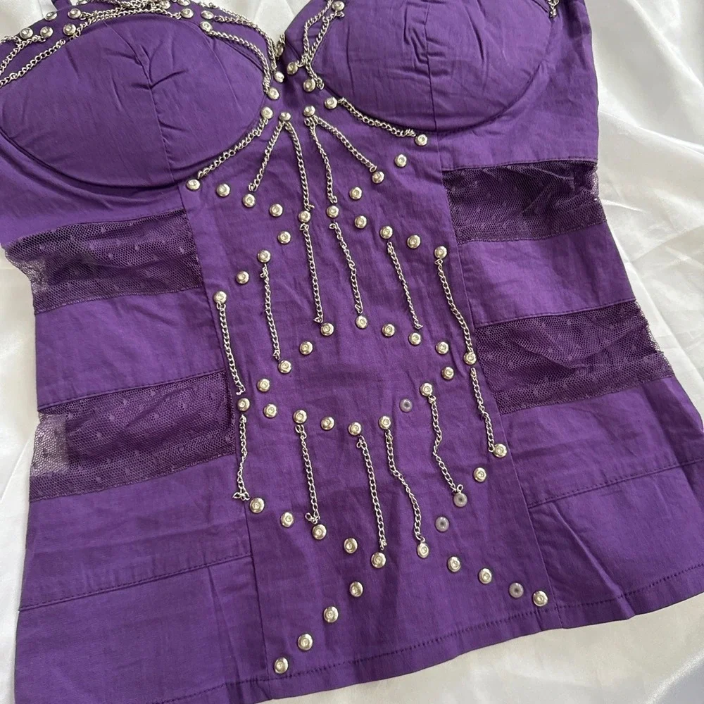 Lydia Purple Studded Chain Bustier Top Mesh Panels Gothic Punk Camisole Small
